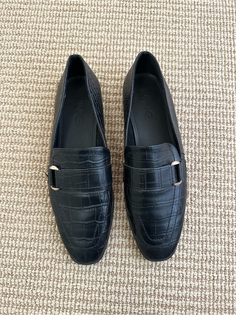 Mango Black Croc-Embossed Loafers with Gold-Tone Buckle